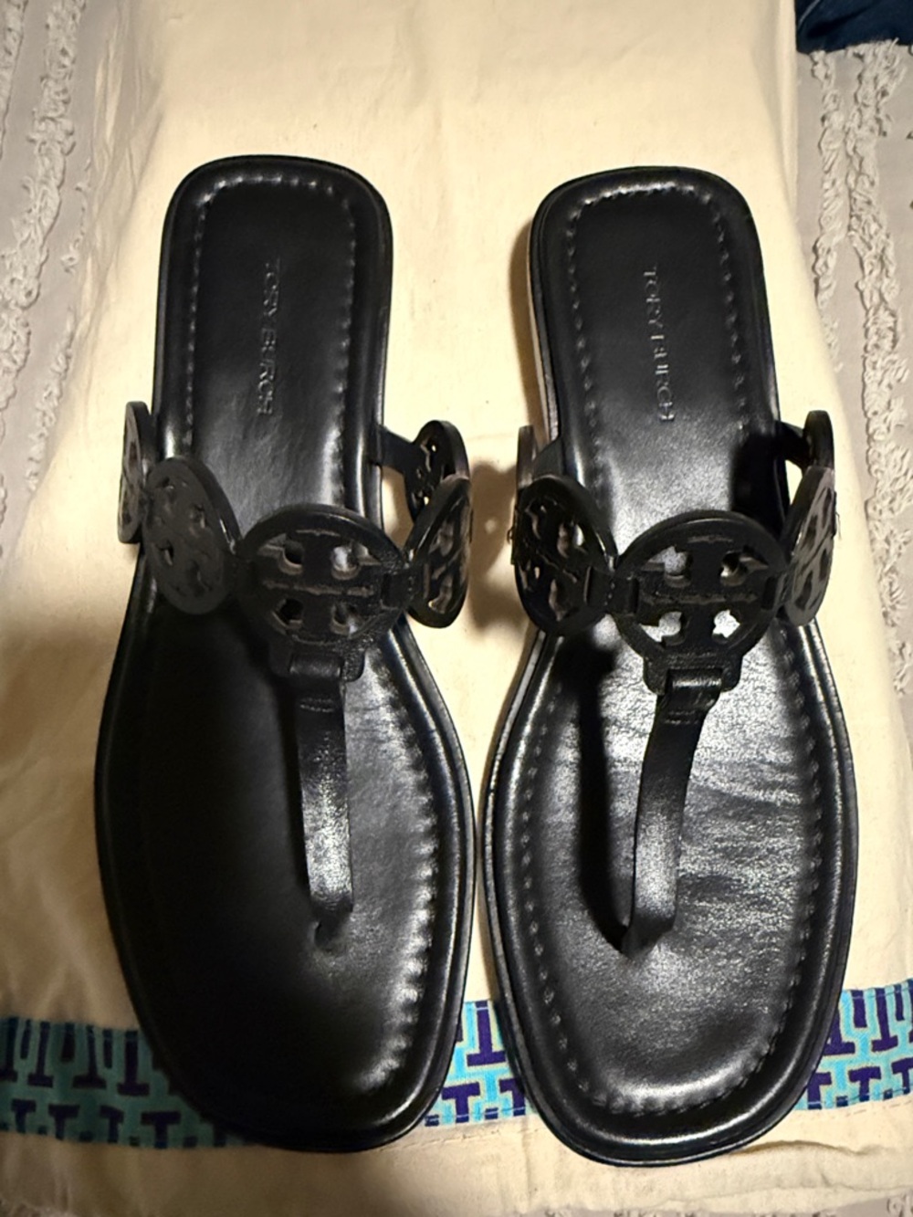 Tory Burch Tiny Miller Black Leather Logo Thong Sandals - Size 7